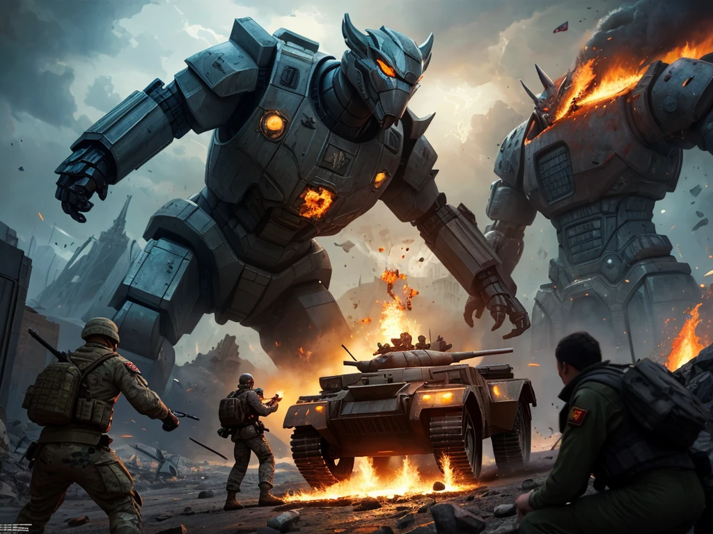 a group of soldiers and a giant robot battling a huge kaiju, fps game concept art, epic fantasy sci fi illustration, sergey kolesov concept art, jessica rossier fantasy art, concept art 4 k, concept art 4k, epic digital concept art, concept art wallpaper 4k, futuristic tank is on fire, concept art for a video game
