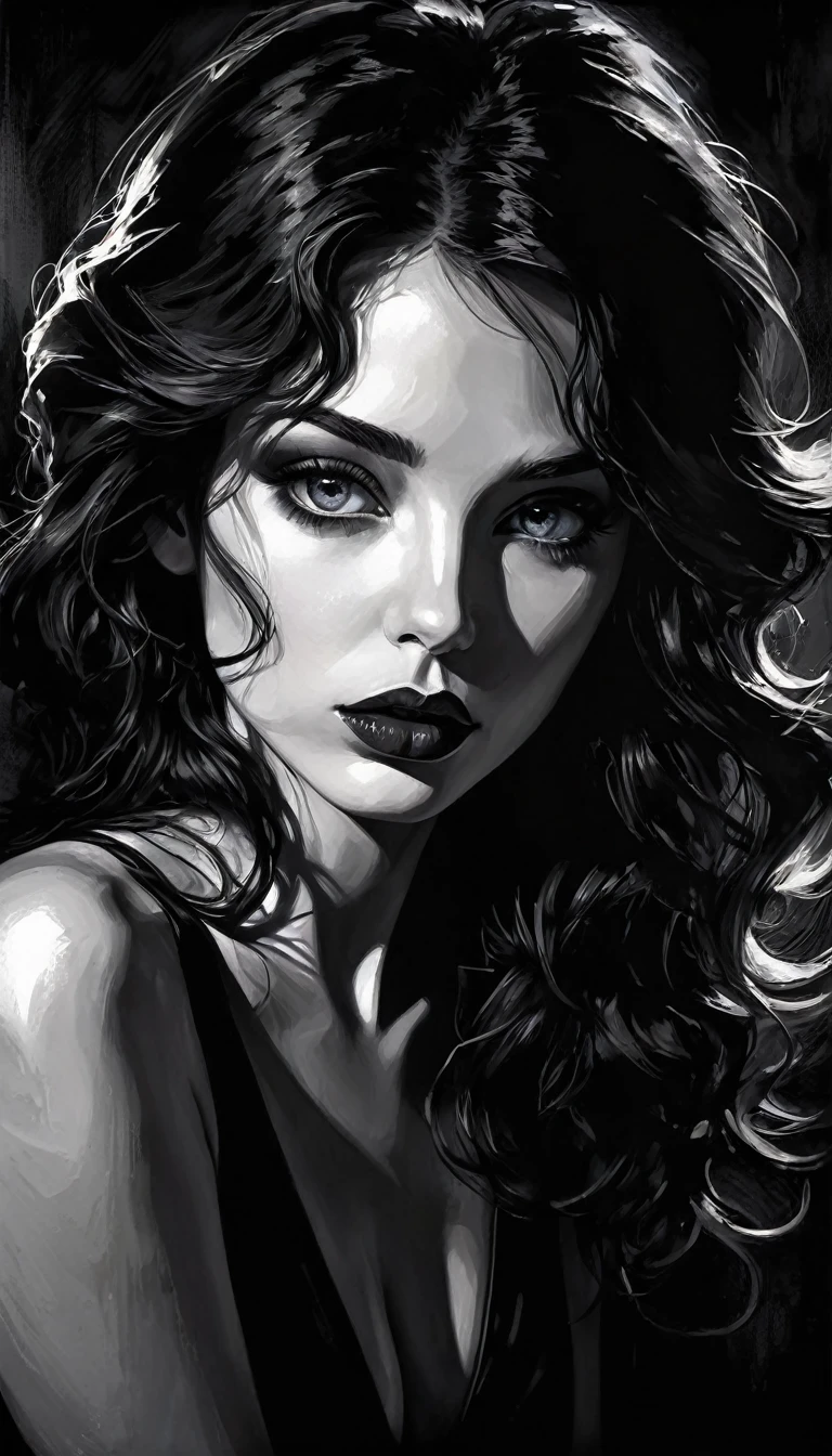 eroticism, sexy, black and white image, between shadows, oil painting, dramatic lighting, dramatic contrast, chiaroscuro, detailed face, sensual expression, elegant pose, female figure, mysterious, moody, cinematic, dark romantic, Bill Sienkiewicz inspired, dark atmosphere, powerful composition, dramatic shadows, high quality, photorealistic, masterpiece (best quality,4k,8k,highres,masterpiece:1.2),ultra-detailed,(realistic,photorealistic,photo-realistic:1.37),intricate details,vivid colors,sharp focus,professional,Dave McKean artwork, oil touch of surrealism,oil painting style,portrait,woman,beautiful detailed eyes,beautiful detailed lips,dreamlike atmosphere,shadow play,soft lighting,playful pose,minimalist room,dark hues,ethereal background,fantasy elements,texture,layered composition.