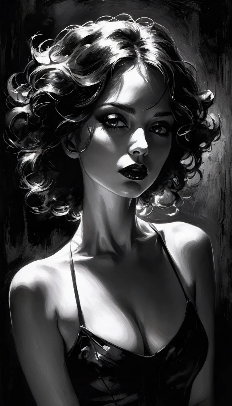 eroticism, sexy, black and white image, between shadows, oil painting, dramatic lighting, dramatic contrast, chiaroscuro, detailed face, sensual expression, elegant pose, female figure, mysterious, moody, cinematic, dark romantic, Bill Sienkiewicz inspired, dark atmosphere, powerful composition, dramatic shadows, high quality, photorealistic, masterpiece (best quality,4k,8k,highres,masterpiece:1.2),ultra-detailed,(realistic,photorealistic,photo-realistic:1.37),intricate details,vivid colors,sharp focus,professional,Dave McKean artwork, oil touch of surrealism,oil painting style,portrait,woman,beautiful detailed eyes,beautiful detailed lips,dreamlike atmosphere,shadow play,soft lighting,playful pose,minimalist room,dark hues,ethereal background,fantasy elements,texture,layered composition.