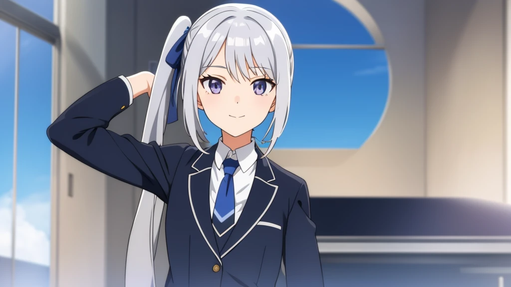 1girl, anime girl, silver hair, long twintails, silver eyes, dark blue school suit, closed mouth small smile