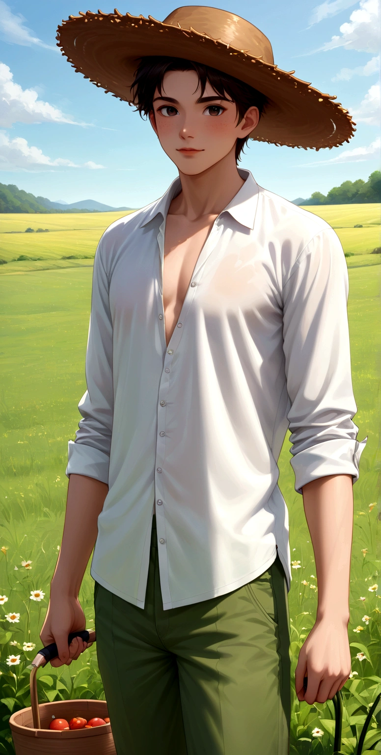 An image of Li, a young male farmer wearing simple traditional clothes: a loose shirt, pants, and a straw hat, working in his field with a lush and vibrant background. (good quality:1.2), (Ultradetailed:1.2), (ultradetailed face:1.2), (ultradetailed body:1.2)