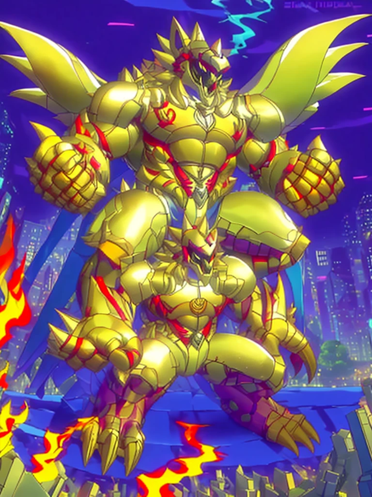 (masterpiece. official art. 8k. best quality. detailed full body. full body.)
(situation 1 : dominating The Phoenix Wolf. The Phoenix Wolf is over 1000 meters long. focus GIANT mechanical Muscular The Phoenix Wolf is trampling the car. Looking down.)
(situation 2 :smoke and flames rising from the destruction in the city)
(Additional details 1: Wearing golden Armor. Cape. Helmet. real texture material. whole body shines like metal. emphasizes the muscles. suit fully made of metal.Robotic suit).
(Additional details 1.5: The arms are golden. The lower half of the body is golden. The wolf-shaped helmet has sharp fangs. The whole body is golden. There is a ring above the head.).
(Additional details 2: Detailed head. Detailed Body. Detailed abs. gigantic muscles. HYPER MUSCLES. Gigachad Muscular. big muscle. pecs. triceps. traps. unusually developed muscular body. body full of huge muscles. showing off muscles. pectorales enormes. Exaggeratedly huge muscles. huge muscles. long legs.).
(Additional details 3:Spread wings. It has wings. The claws are sharp. Sharp teeth.). He is laughing defiantly. The claws are sharp. Sharp teeth.).
(Additional details 3.5 : nj5furry, He is laughing defiantly. medieval armor.).