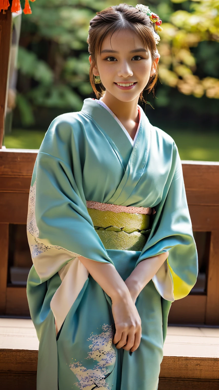 (((Regular dressing:1.5))),(Surreal), (High resolution), (8K), (Very detailed), (Best illustrations), (Beautifully detailed and sparkling eyes), (Highest quality), (Very detailedな), (masterpiece), (wallpaper), (Detailed face), (Beautiful smile)、(Beautiful expression)、One female、Looking into the camera、((Glamorous Body))、(((Beautiful kimono、National treasure-class kimono,Thick kimono:1.5)))