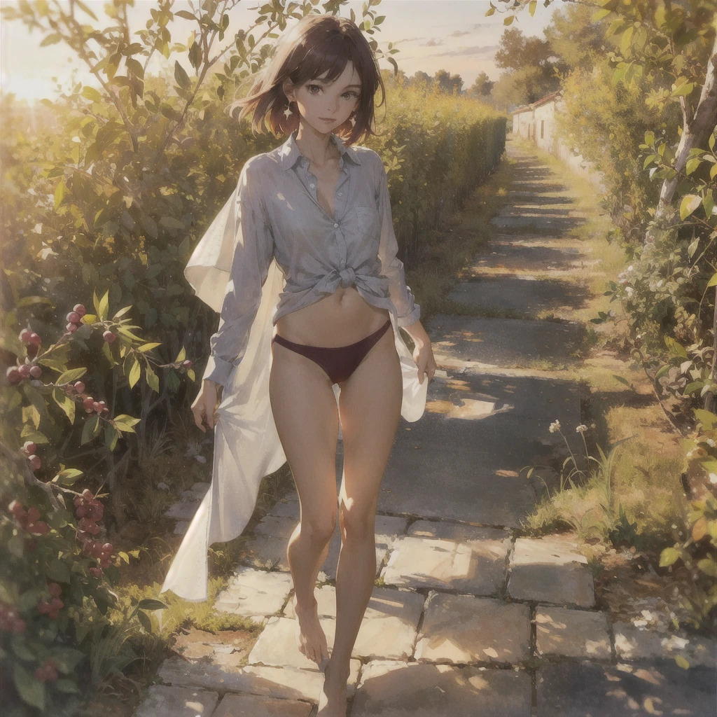 Exquisite, slender, delicate girl of with a perfect gentle face of the southern type (with short dark burgundy hair) with freckles (with ruby earring) in the rays of the rising sun, naked with tender bare breasts with pink swollen nipples ((barefoot)) ((in an unbuttoned open burgundy shirt over a naked body and in small burgundy panties)) (on the veranda in the garden) Drinks (coffee) and looks at the flowers, in watercolor style, discreet light shades, Flares, (imitation of film photography), against the sun, a lot of sun glare, light fills the frame, olive and grape groves, strong wind, Brick Road, high image quality, Maximum detail, sunset lighting, Warm evening shades, (warm golden and olive sunset light), big space eyes, olive and grape groves, Brick Road