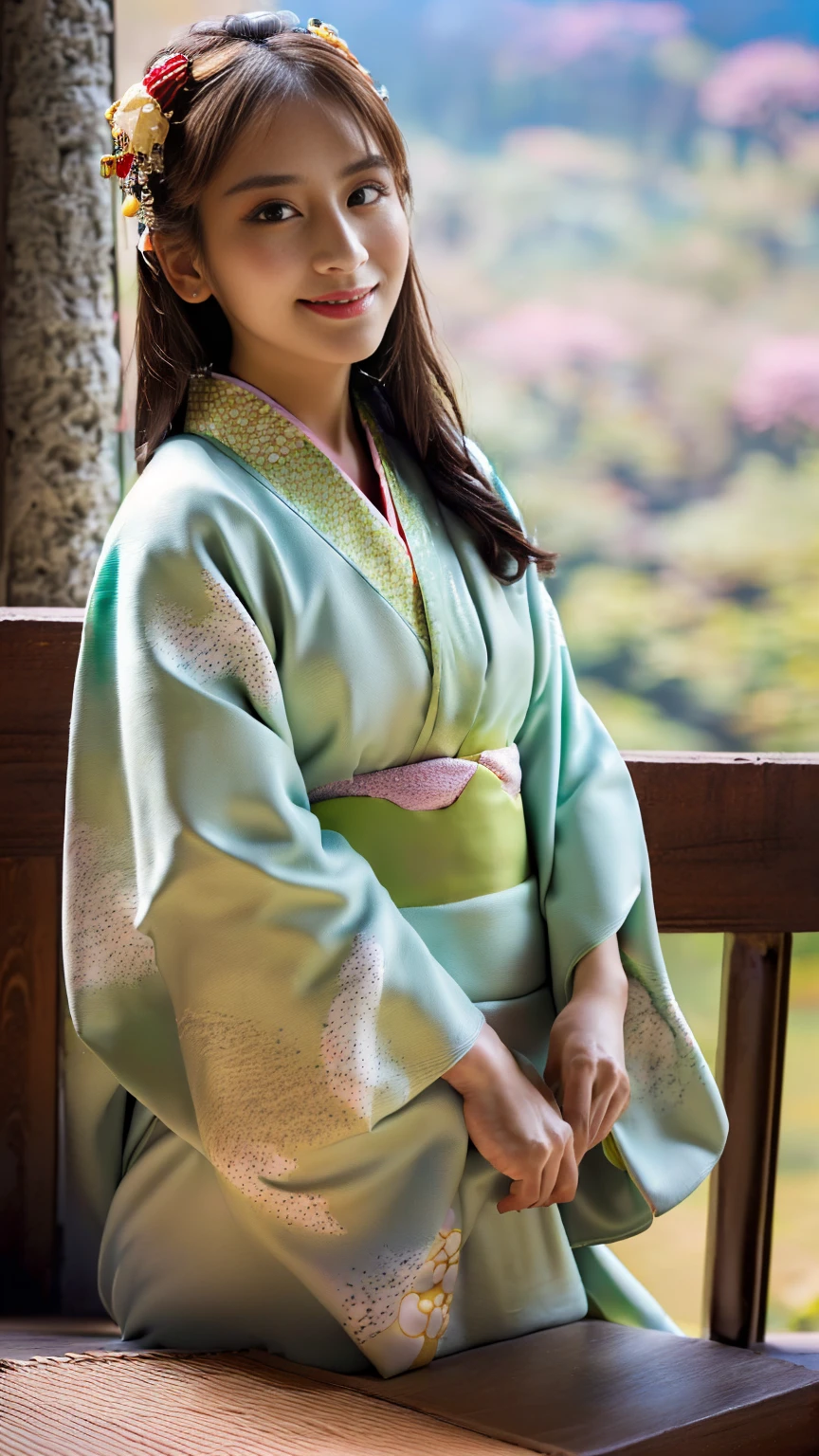 (((Regular dressing:1.5))),(Surreal), (High resolution), (8K), (Very detailed), (Best illustrations), (Beautifully detailed and sparkling eyes), (Highest quality), (Very detailedな), (masterpiece), (wallpaper), (Detailed face), (Beautiful smile)、(Beautiful expression)、One female、Looking into the camera、((Glamorous Body))、(((Beautiful kimono、National treasure-class kimono,Thick kimono:1.5)))