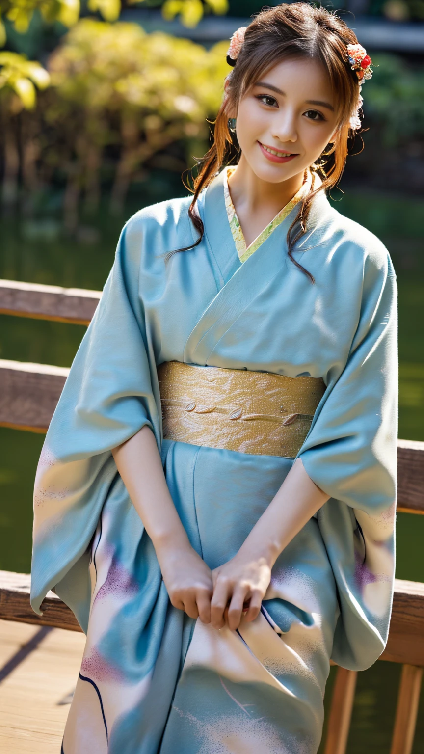(((Regular dressing:1.5))),(Surreal), (High resolution), (8K), (Very detailed), (Best illustrations), (Beautifully detailed and sparkling eyes), (Highest quality), (Very detailedな), (masterpiece), (wallpaper), (Detailed face), (Beautiful smile)、(Beautiful expression)、One female、Looking into the camera、((Glamorous Body))、(((Beautiful kimono、National treasure-class kimono,Thick kimono:1.5)))