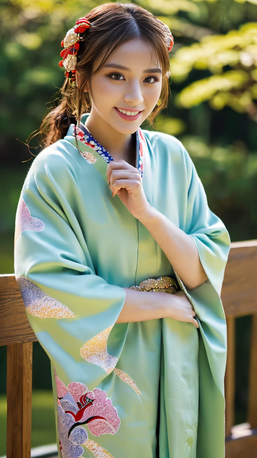 (((Regular dressing:1.5))),(Surreal), (High resolution), (8K), (Very detailed), (Best illustrations), (Beautifully detailed and sparkling eyes), (Highest quality), (Very detailedな), (masterpiece), (wallpaper), (Detailed face), (Beautiful smile)、(Beautiful expression)、One female、Looking into the camera、((Glamorous Body))、(((Beautiful kimono、National treasure-class kimono,Thick kimono:1.5)))