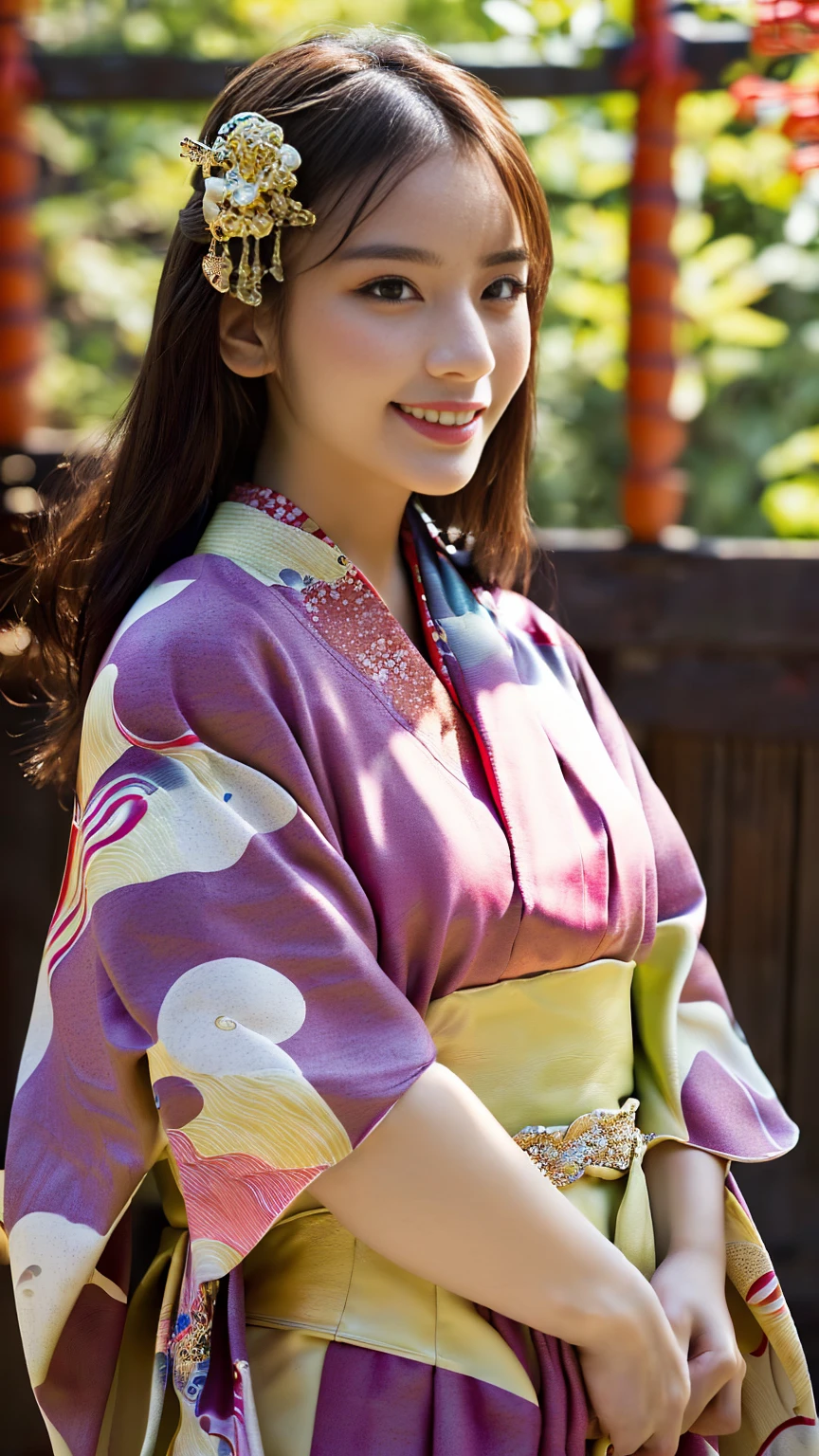 (((Regular dressing:1.5))),(Surreal), (High resolution), (8K), (Very detailed), (Best illustrations), (Beautifully detailed and sparkling eyes), (Highest quality), (Very detailedな), (masterpiece), (wallpaper), (Detailed face), (Beautiful smile)、(Beautiful expression)、One female、Looking into the camera、((Glamorous Body))、(((Beautiful kimono、National treasure-class kimono,Thick kimono:1.5)))