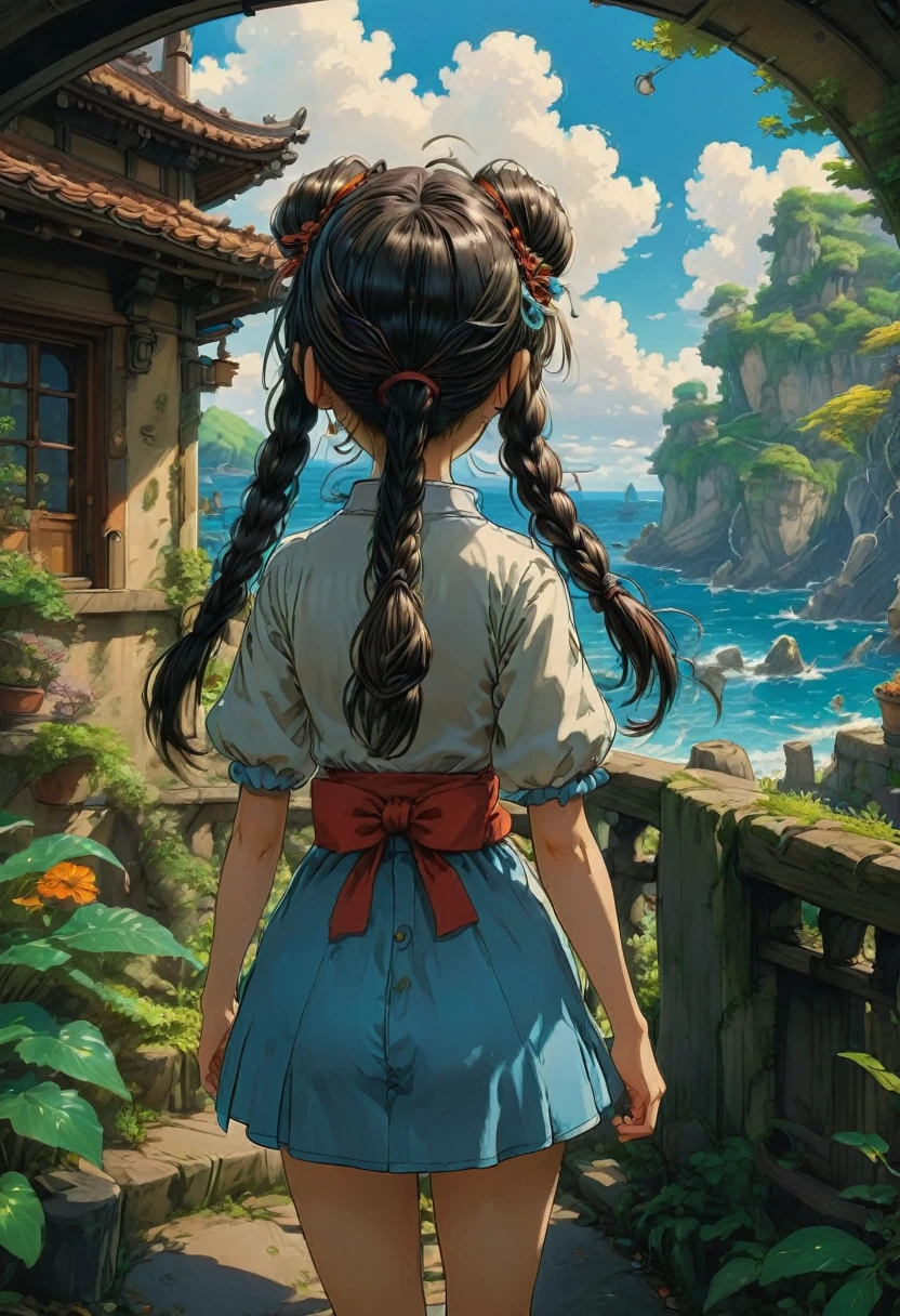 A girl, Twin Tails, full body, cinematic still, cinemascope, by Studio Ghibli, best quality, masterpiece, very aesthetic, perfect composition, intricate details, ultra-detailed