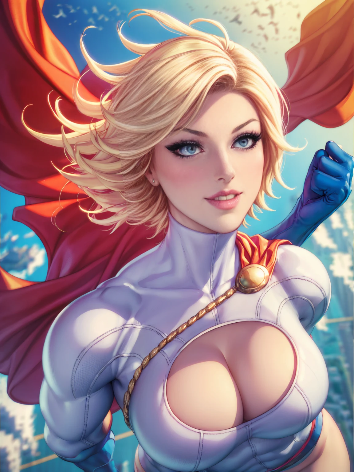 Power Girl from DC comics, (best quality,4k,8k,highres,masterpiece:1.2),ultra-detailed,realistic,portrait,beautiful detailed eyes,beautiful detailed lips,extremely detailed eyes and face,long eyelashes,sexy,medium:oil painting,glowing skin,flowing short hair,radiant smile,power girl in the air,flying,confident pose,stunning curves,vivid colors,dramatic lighting,serene background,striking composition, blonde_hair, cape, short_hair, gloves, cleavage_cutout, clothing_cutout, blue_eyes, superhero