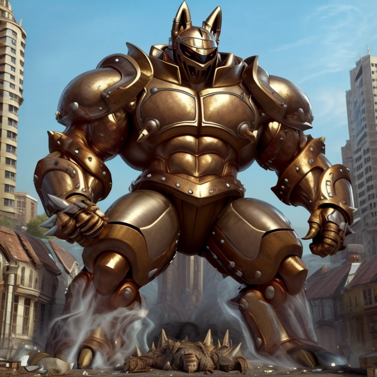 (masterpiece. official art. 8k. best quality. detailed full body. full body.)
(situation 1 : dominating Shiny_Mega_Lucario. Shiny_Mega_Lucario is over 1000 meters long. focus GIANT mechanical Muscular Shiny_Mega_Lucario is trampling the city. Looking down. macro. stomp. Low-angle perspective. emphasizing the immense size.)
(situation 2 :smoke and flames rising from the destruction in the city)
(Additional details 1: BlackKnight_fe. Armor. Cape. Helmet.. high-tech bio-mecha armor. real texture material. whole body shines like metal. Wearing cyberpunk mecha. emphasizes the muscles. suit fully made of metal. intricate armor. Robotic suit. suit fully made of metal. cyborg. Powered exoskeleton with the same design as Shiny_Mega_Lucario).
(Additional details 2: Detailed head. Detailed Body. Detailed abs. gigantic muscles. HYPER MUSCLES. Gigachad Muscular. big muscle. pecs. triceps. traps. unusually developed muscular body. body full of huge muscles. showing off muscles. pectorales enormes. Exaggeratedly huge muscles. huge muscles. long legs.).
(Additional details 3: nj5furry, Spread wings. It has wings. black have big wings. The claws are sharp. Sharp teeth.).
