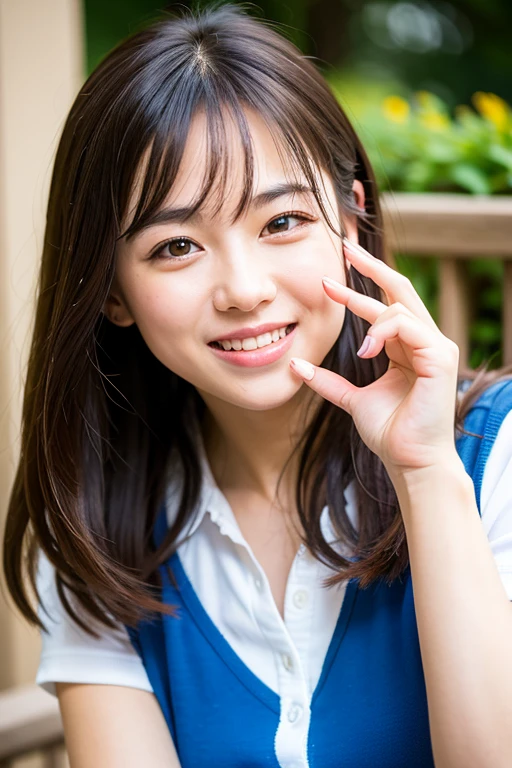 The best quality at its best, masterpiece, Ultra-high resolution, (Photorealistic:1.4), Raw photo, One girl,smile、Putting index finger in mouth