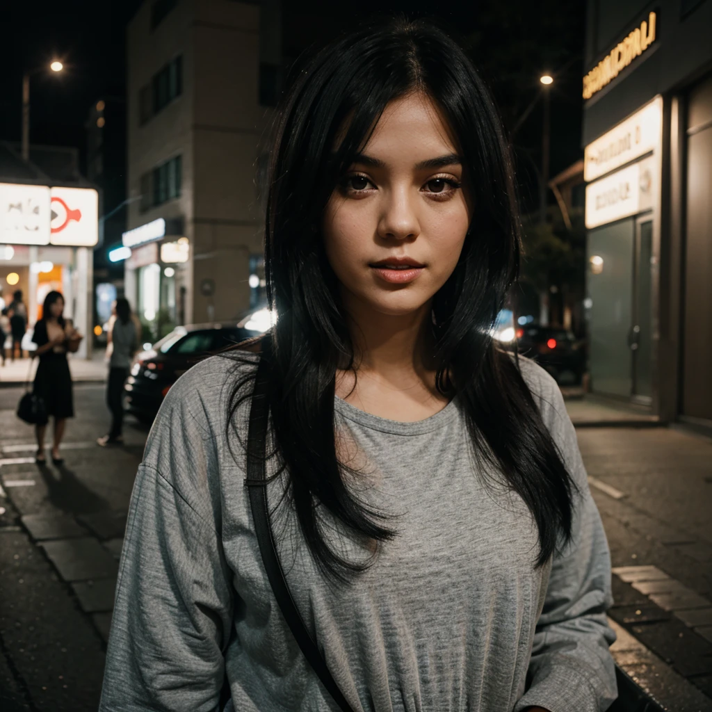 Girl with medium black hair at night and smoking 