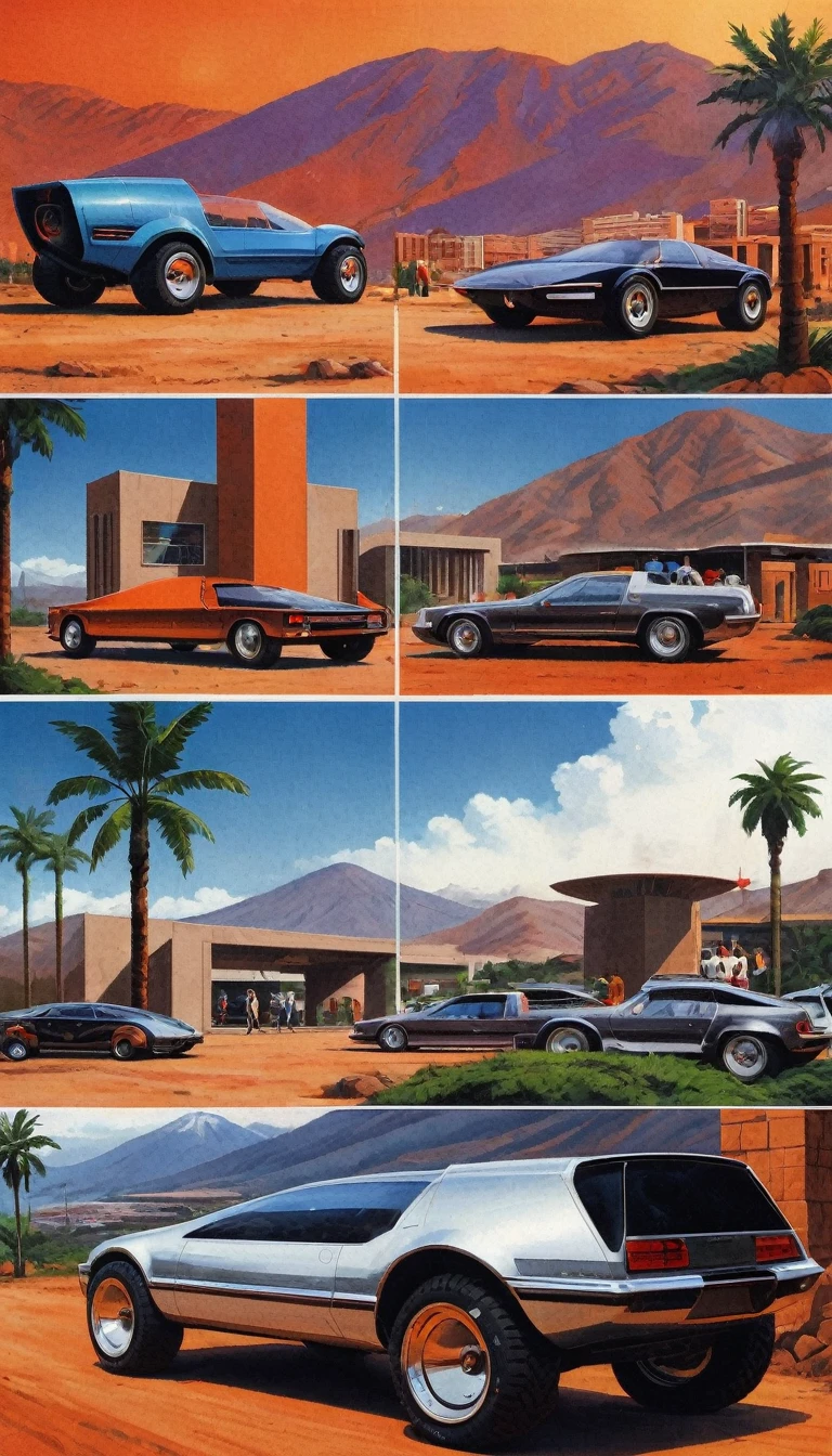 Sime, Retro-Futuristic Cars, Off-road tires, people々, Mountain々, Palm tree, building