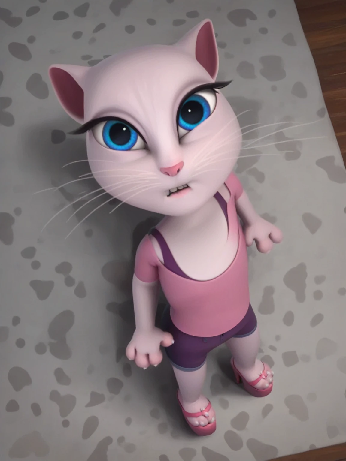 solo focus, a_la, 1girl, cat, white fur, long whiskers on both sides of the face, big bright blue eyes, big black eyelashes, small pink nose, triangular ears with pink ducts, small breasts, lying flat on the floor on the bed, opening her ass, looking at the viewer, legs He puts her on top of her and rapes her in between, platform high heels, score_9, score_8_up, score_7_up