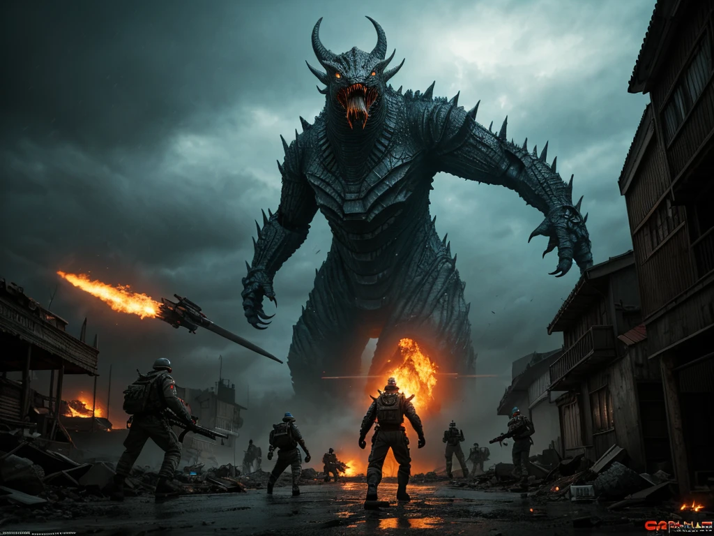 a massive kaiju, soldiers battling giant robots, photorealistic, 8k, highly detailed, cinematic lighting, dramatic action pose, intricate mechanical designs, epic scale, dynamic composition, gritty and realistic textures, moody color palette, depth of field, cinematic atmosphere