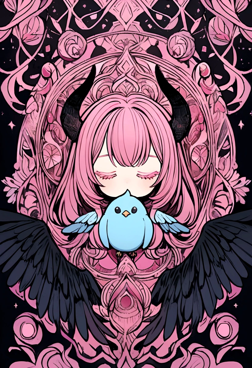 drawing of a stuffed animal of a light blue bird with pink tones, two small horns on its dark pink head, closed eyes with pink eyelashes, black wings