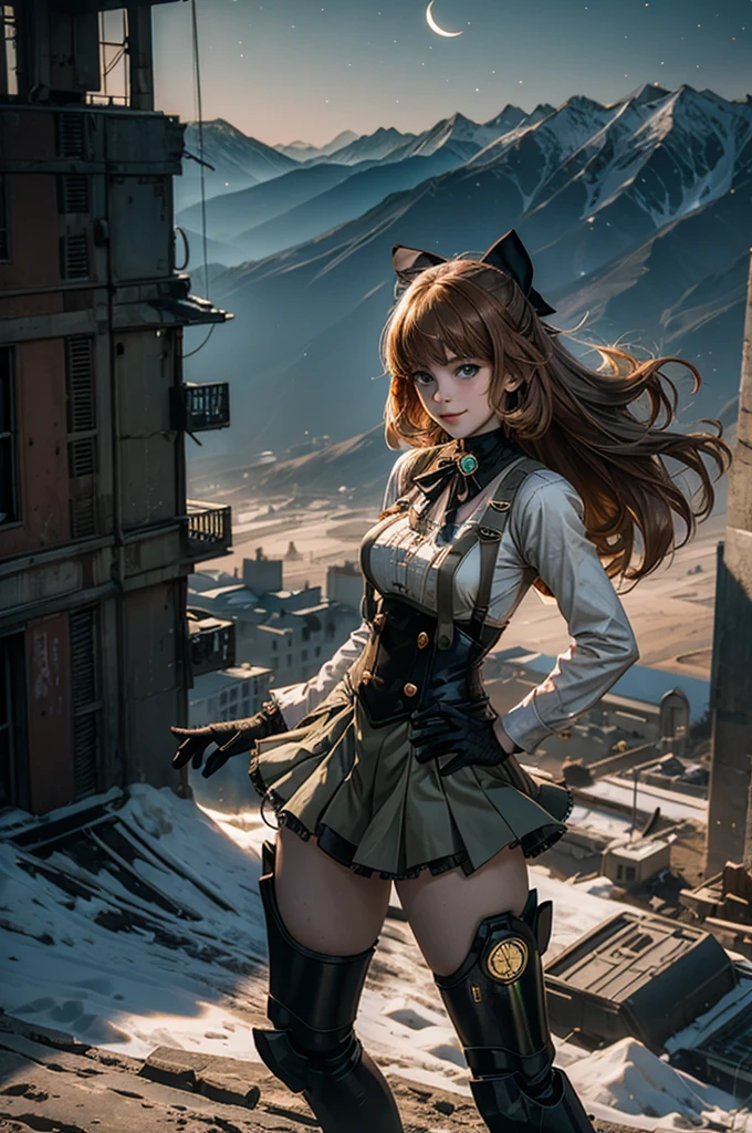 cowboy shot, (dynamic pose), smile,  underbust, Penny Polendina, long hair, neck ribbon, suspender skirt, corset, black bow, white blouse, mechanical legs, neon trim, standing, ((people in city ruins on hill, overlooking valley)), BREAK night, stars, moon, snow, BREAK mountains in background, waterfall, vehicle wreck, ((people in military uniform)), bonfires, post-apocalypse, dystopian future, (volumetric lighting), intricate details, tonemapping, sharp focus, hyper detailed

