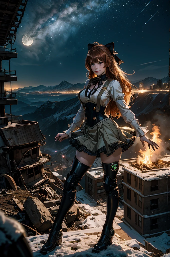 cowboy shot, (dynamic pose), smile, underbust, Penny Polendina, long hair, neck ribbon, suspender skirt, corset, black bow, white blouse, mechanical legs, neon trim, standing, ((people in city ruins on hill, overlooking valley)), BREAK night, stars, moon, snow, BREAK mountains in background, waterfall, vehicle wreck, ((people in military uniform)), bonfires, post-apocalypse, dystopian future, (volumetric lighting), intricate details, tonemapping, sharp focus, hyper detailed