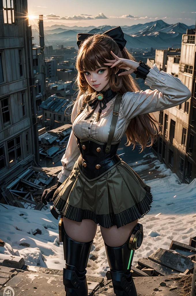 cowboy shot, (dynamic pose), smile,  underbust, Penny Polendina, long hair, neck ribbon, suspender skirt, corset, black bow, white blouse, mechanical legs, neon trim, standing, ((people in city ruins on hill, overlooking valley)), BREAK night, stars, moon, snow, BREAK mountains in background, waterfall, vehicle wreck, ((people in military uniform)), bonfires, post-apocalypse, dystopian future, (volumetric lighting), intricate details, tonemapping, sharp focus, hyper detailed

