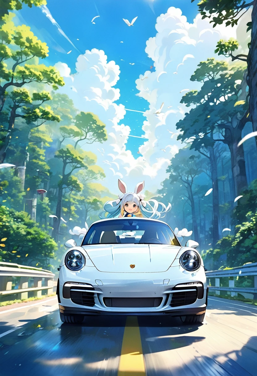 Drive a white Porsche through lush forests、Blue long hair、Beautiful girl with twin tails、Bigger in the center、Splash art that makes you feel the wind、blue sky、White cloud、Bright smile、Friends of the Forest、squirrel、rabbit、owl