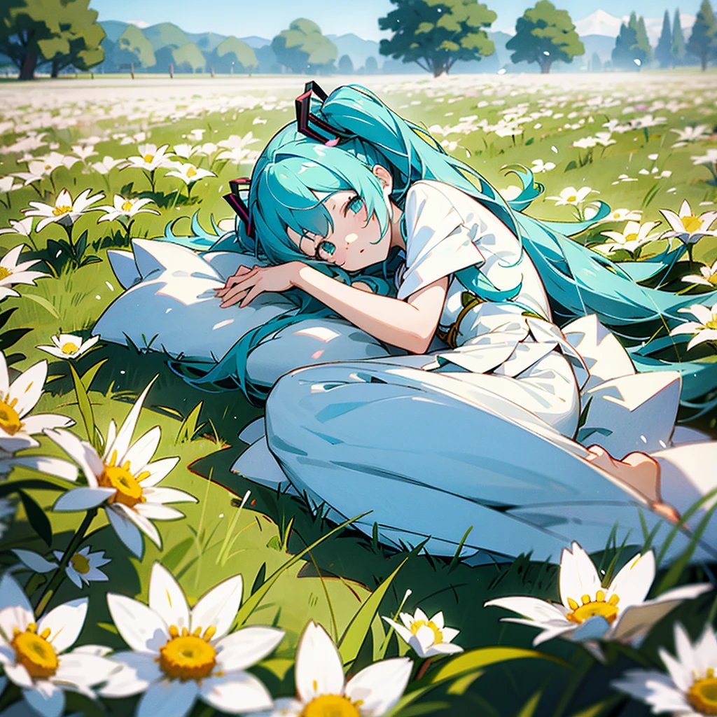 Miku Nakano lying in a field of white flowers