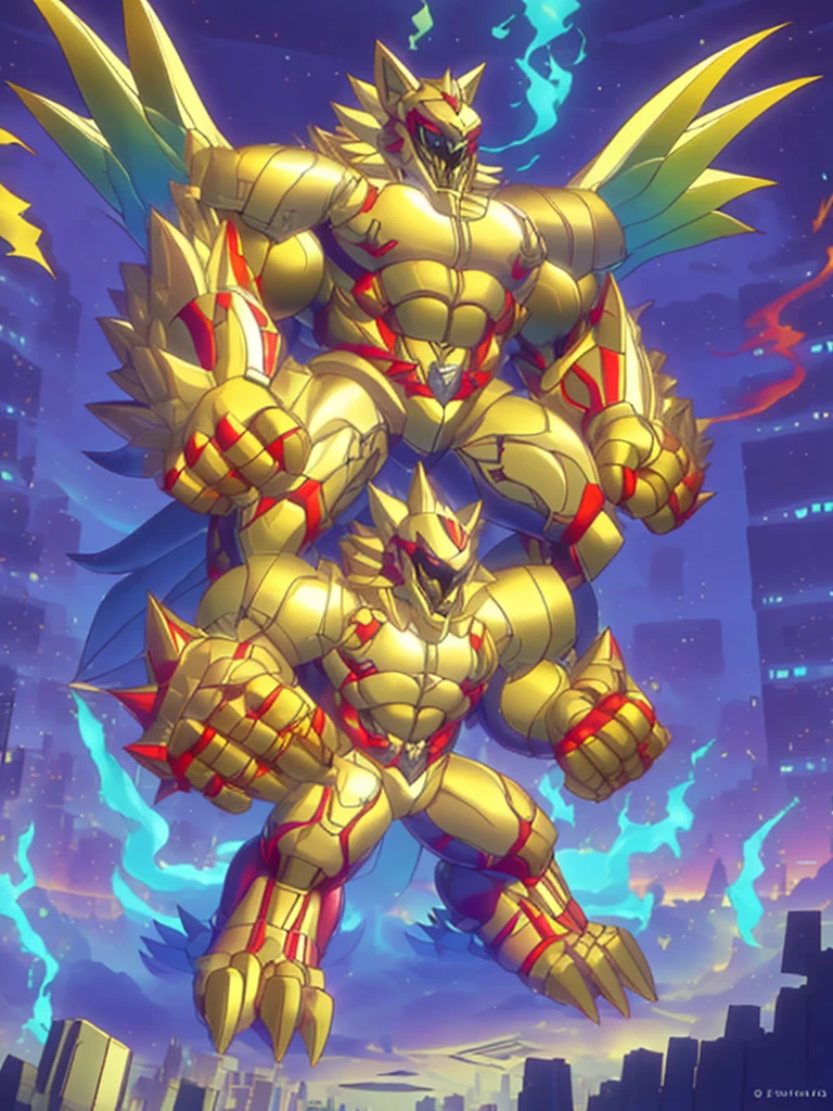(masterpiece. official art. 8k. best quality. detailed full body. full body.)

(situation 1 : dominating The Phoenix Wolf. The Phoenix Wolf is over 1000 meters long. focus GIANT mechanical Muscular The Phoenix Wolf is trampling the car. Looking down.)

(situation 2 :smoke and flames rising from the destruction in the city)

(Additional details 1: Wearing golden Armor. Cape. Helmet. real texture material. whole body shines like metal. emphasizes the muscles. suit fully made of metal.Robotic suit).

(Additional details 1.5: The arms are golden. The lower half of the body is golden. The wolf-shaped helmet has sharp fangs. The whole body is golden. There is a ring above the head.).

(Additional details 2: Detailed head. Detailed Body. Detailed abs. gigantic muscles. HYPER MUSCLES. Gigachad Muscular. big muscle. pecs. triceps. traps. unusually developed muscular body. body full of huge muscles. showing off muscles. pectorales enormes. Exaggeratedly huge muscles. huge muscles. long legs.).

(Additional details 3:Spread wings. It has wings. The claws are sharp. Sharp teeth.). He is laughing defiantly. The claws are sharp. Sharp teeth.). 

(Additional details 3.5 : nj5furry,  He is laughing defiantly. medieval armor.). 