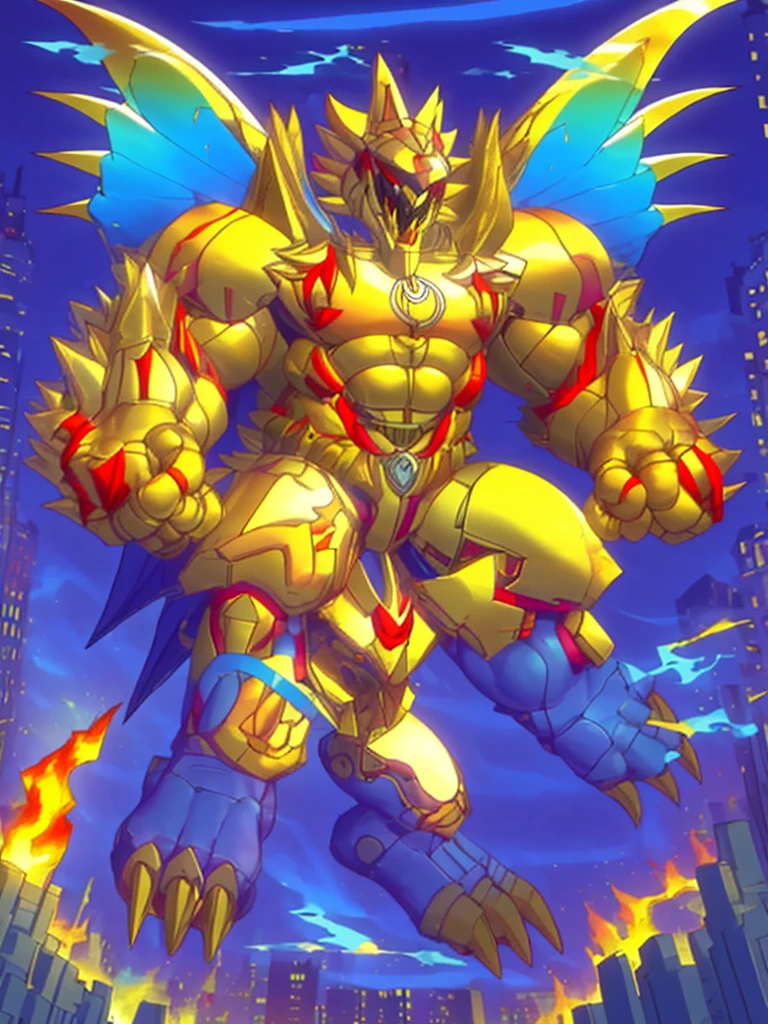 (masterpiece. official art. 8k. best quality. detailed full body. full body.)

(situation 1 : dominating The Phoenix Wolf. The Phoenix Wolf is over 1000 meters long. focus GIANT mechanical Muscular The Phoenix Wolf is trampling the car. Looking down.)

(situation 2 :smoke and flames rising from the destruction in the city)

(Additional details 1: Wearing golden Armor. Cape. Helmet. real texture material. whole body shines like metal. emphasizes the muscles. suit fully made of metal.Robotic suit).

(Additional details 1.5: The arms are golden. The lower half of the body is golden. The wolf-shaped helmet has sharp fangs. The whole body is golden. There is a ring above the head.).

(Additional details 2: Detailed head. Detailed Body. Detailed abs. gigantic muscles. HYPER MUSCLES. Gigachad Muscular. big muscle. pecs. triceps. traps. unusually developed muscular body. body full of huge muscles. showing off muscles. pectorales enormes. Exaggeratedly huge muscles. huge muscles. long legs.).

(Additional details 3:Spread wings. It has wings. The claws are sharp. Sharp teeth.). He is laughing defiantly. The claws are sharp. Sharp teeth.). 

(Additional details 3.5 : nj5furry,  He is laughing defiantly. medieval armor.). 