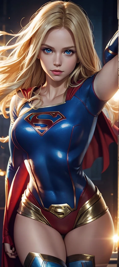 The character Supergirl, perfect costume, shiny blue eyes, beautiful blond hair,