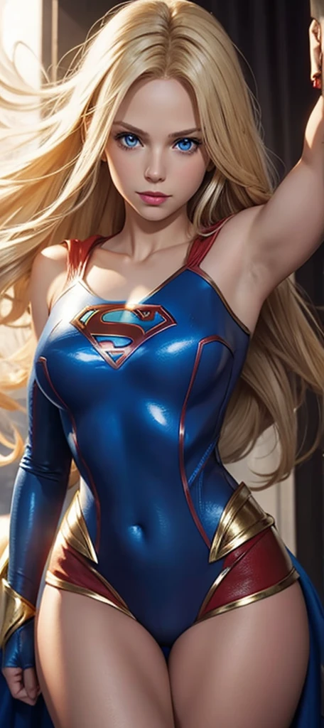 The character Supergirl, perfect costume, shiny blue eyes, beautiful blond hair,