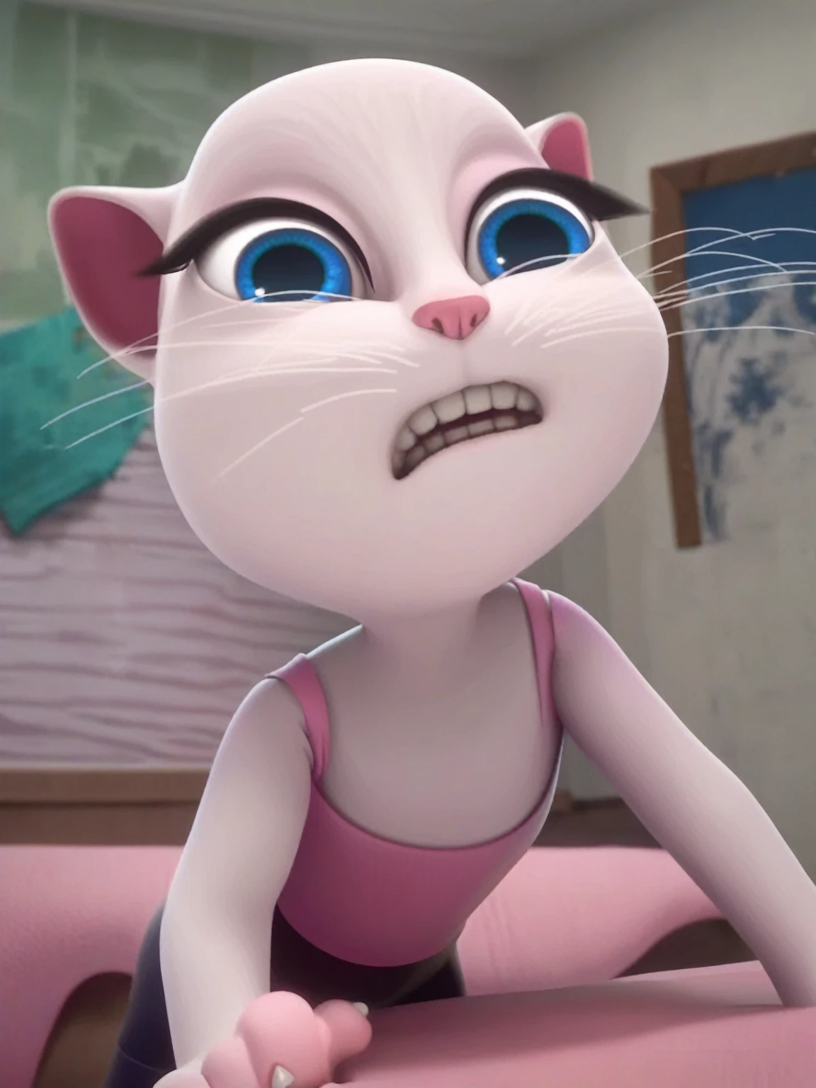 ,solo focus, a_la, 1girl, cat, white fur, long whiskers on both sides of the face, big bright blue eyes, big black eyelashes, small pink nose, triangular ears with pink ducts, has tights,fucking penis rapes, pulls, orgasms, lies on the bed , naked ass
