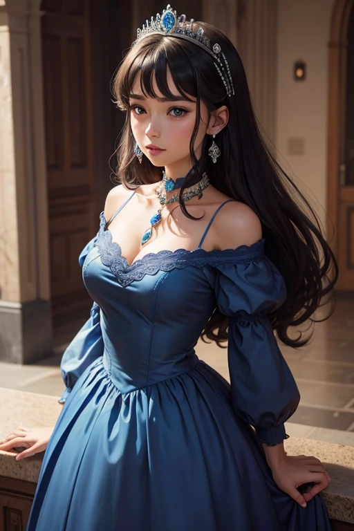 (best quality, 8k, 32k, masterpiece, uhd:1.2), (RAW photo), (realistic:1.13), (photorealistic:1.12), (absurdres, high resolution), (ultra detailed), (huge filesize:1.2), 1girl, (loli:1.19), beautiful detailed face &eyes ,small face, thin waist, thin thighs, (cowboy shot:1.15), (sweaty:1.2), bare legs, cleavage, darkblue tutu,