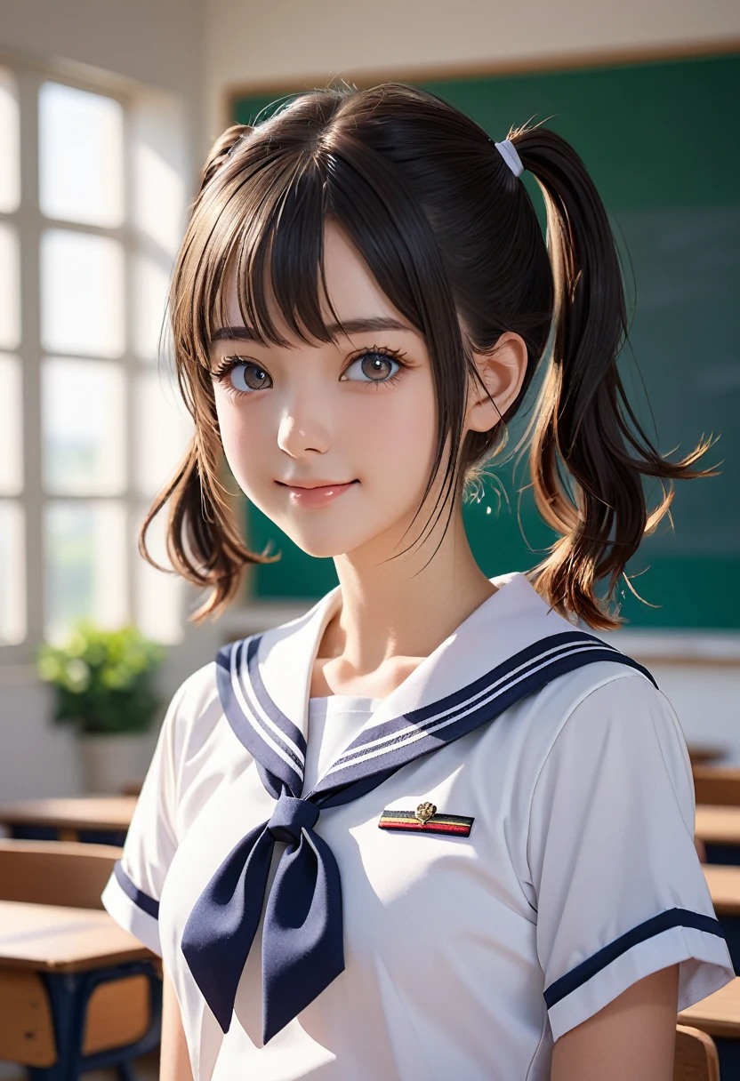 (masterpiece, best quality:1.2), 8k, official art, raw photo, incredibly absurdres, (sailor uniform, serafuku:1.0), 15 years old,highschool student,beautiful girl, pretty face, arch back, close up, , short sleeve, gardenia, violaceaess, (short ponytails:1.3),teen, classroom, looking at viewer, no makeup, film grain, chromatic aberration, sharp focus, facelight, dynamic lighting, cinematic lighting, detailed eyes and face, bokeh background,(cowboyshot:1.3),(small brests:1.2),(skinny:1.2),(smile:1.2),(school swimsuit:1.0),(fullnude:1.0),(show pussy:1.4),(bottomless:1.6),