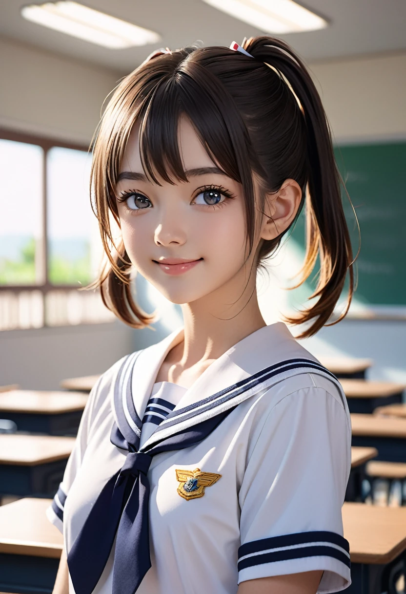 (masterpiece, best quality:1.2), 8k, official art, raw photo, incredibly absurdres, (sailor uniform, serafuku:1.0), 15 years old,highschool student,beautiful girl, pretty face, arch back, close up, , short sleeve, gardenia, violaceaess, (short ponytails:1.3),teen, classroom, looking at viewer, no makeup, film grain, chromatic aberration, sharp focus, facelight, dynamic lighting, cinematic lighting, detailed eyes and face, bokeh background,(cowboyshot:1.3),(small brests:1.2),(skinny:1.2),(smile:1.2),(school swimsuit:1.0),(fullnude:1.0),(show pussy:1.4),(bottomless:1.6),