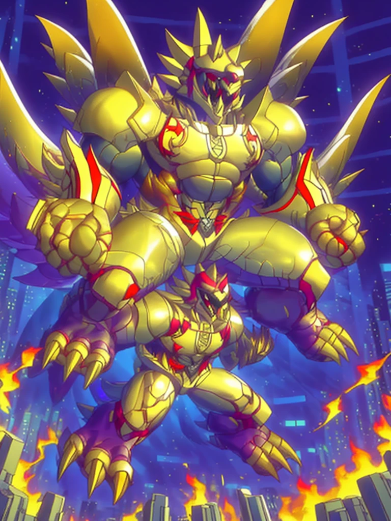 (masterpiece. official art. 8k. best quality. detailed full body. full body.)
(situation 1 : dominating The Phoenix Wolf. The Phoenix Wolf is over 1000 meters long. focus GIANT mechanical Muscular The Phoenix Wolf is trampling the car. Looking down.)
(situation 2 :smoke and flames rising from the destruction in the city)
(Additional details 1: Wearing golden Armor. Cape. Helmet. real texture material. whole body shines like metal. emphasizes the muscles. suit fully made of metal.Robotic suit).
(Additional details 1.5: The arms are golden. The lower half of the body is golden. The wolf-shaped helmet has sharp fangs. The whole body is golden. There is a ring above the head.).
(Additional details 2: Detailed head. Detailed Body. Detailed abs. gigantic muscles. HYPER MUSCLES. Gigachad Muscular. big muscle. pecs. triceps. traps. unusually developed muscular body. body full of huge muscles. showing off muscles. pectorales enormes. Exaggeratedly huge muscles. huge muscles. long legs.).
(Additional details 3:Spread wings. It has wings. The claws are sharp. Sharp teeth.). He is laughing defiantly. The claws are sharp. Sharp teeth.).
(Additional details 3.5 : nj5furry, He is laughing defiantly. medieval armor.).