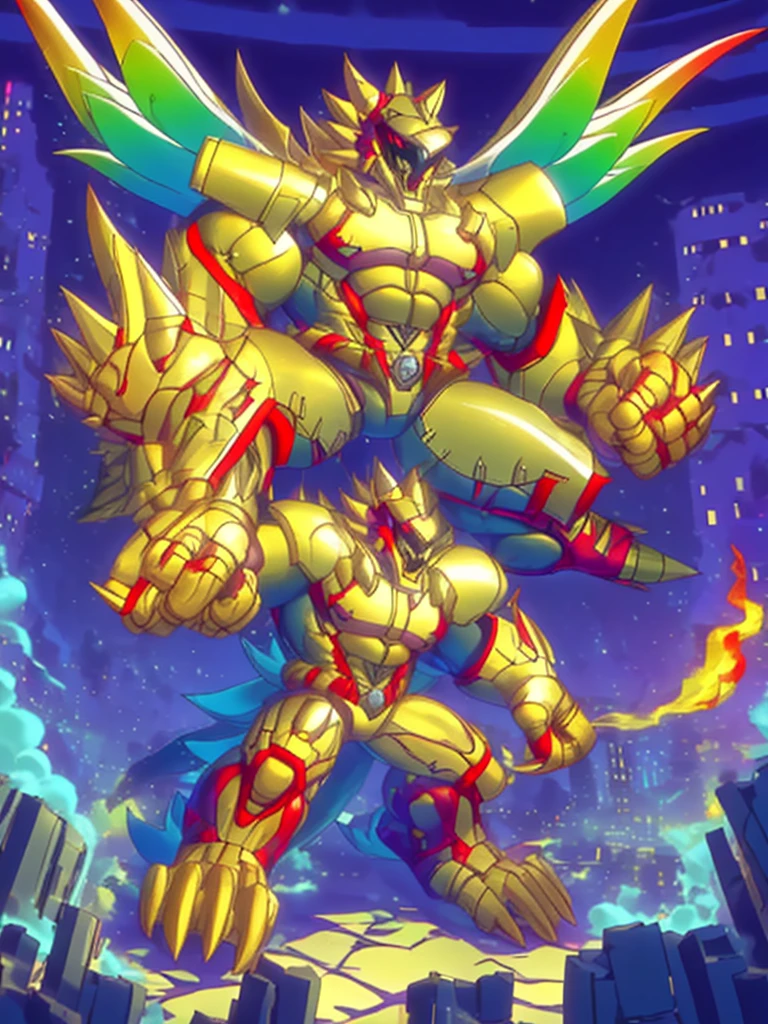 (masterpiece. official art. 8k. best quality. detailed full body. full body.)

(situation 1 : dominating The Phoenix Wolf. The Phoenix Wolf is over 1000 meters long. focus GIANT mechanical Muscular The Phoenix Wolf is trampling the car. Looking down.)

(situation 2 :smoke and flames rising from the destruction in the city)

(Additional details 1: Wearing golden Armor. Cape. Helmet. real texture material. whole body shines like metal. emphasizes the muscles. suit fully made of metal.Robotic suit).

(Additional details 1.5: The arms are golden. The lower half of the body is golden. The wolf-shaped helmet has sharp fangs. The whole body is golden. There is a ring above the head.).

(Additional details 2: Detailed head. Detailed Body. Detailed abs. gigantic muscles. HYPER MUSCLES. Gigachad Muscular. big muscle. pecs. triceps. traps. unusually developed muscular body. body full of huge muscles. showing off muscles. pectorales enormes. Exaggeratedly huge muscles. huge muscles. long legs.).

(Additional details 3:Spread wings. It has wings. The claws are sharp. Sharp teeth.). He is laughing defiantly. The claws are sharp. Sharp teeth.). 

(Additional details 3.5 : nj5furry,  He is laughing defiantly. medieval armor.). 