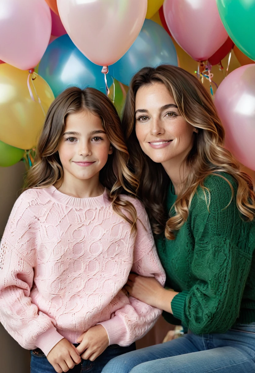 A warm and vibrant photograph captures the tender moment between a 45-year-old brunette woman with medium-sized, sagging breasts and her -yeld dater. Her very serious mother is wearing a dark green cross-stitch sweater with the name Nike on one chest and navy blue jeans, she is standing next to her daughter, who is wearing a mustard children's party dress. and beige and a radiant smile. Her almond eyes shine with joy as they look at each other.
The background is a lively children's party, full of colorful balloons and playful clowns. The confetti and streamers add to the festive atmosphere and frame her seriousness as she tenderly holds her daughter's hand.