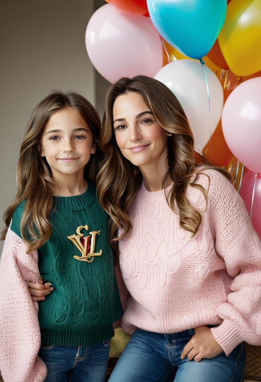 A warm photograph between a 45-year-old brunette woman with medium and sagging breasts, beautiful wavy brown hair next to her 11-year-old daughter. Her mother, very serious, is wearing a luxury dark green Louis Vuitton sweater and navy blue jeans. She is standing next to her daughter. The girl is smiling and wearing a pink Gucci sweater with printed flowers. Her almond eyes shine with joy as they look at each other.
The background is a lively children's party, full of colorful balloons and playful clowns.