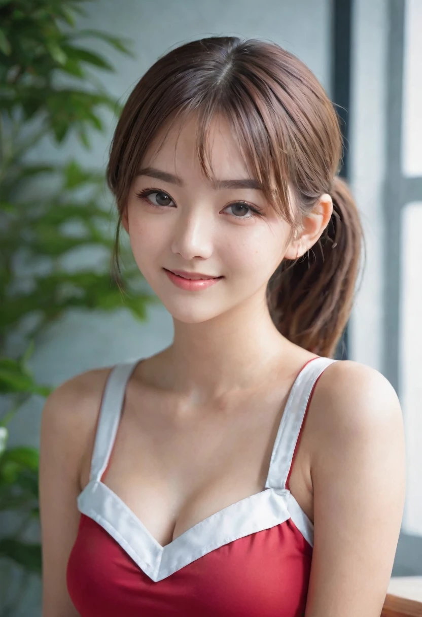 "(highest quality,4K,8K,High resolution,table top:1.2),clavicle、25 year old girl、small breasts、indoor background、soft focus、selfie、shot from below
