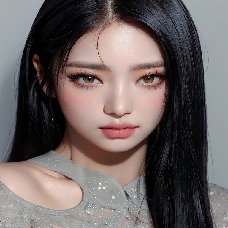 A close-up of a woman with long black hair and a gray blouse, beautiful aesthetic face, South Korean popular makeup, Portrait of Blackpink's Jossi, with long hair and piercing eyes, ulzzang, Popular Korean makeup, pale porcelain white skin, soft portrait 8k, pale korean adorable face, jaeyeon nam, korean symmetrical face, jinyoung shin