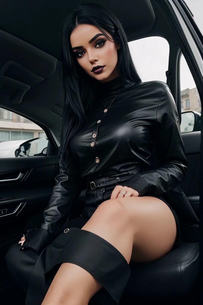 A girl with black makeup and black hair and all black outfit sitting in a car smoking 