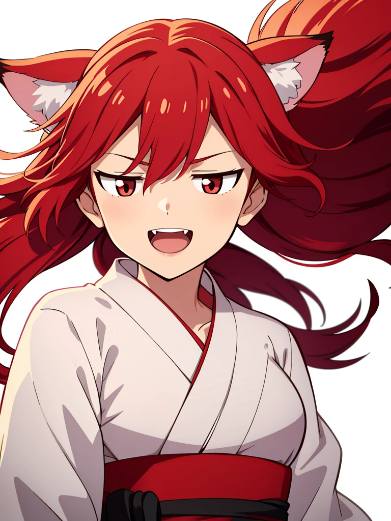 1girl ,solo,20s,mature female,smile,open mouth,red hair,long hair,fox ears,(white background),white yukata,(upper body)