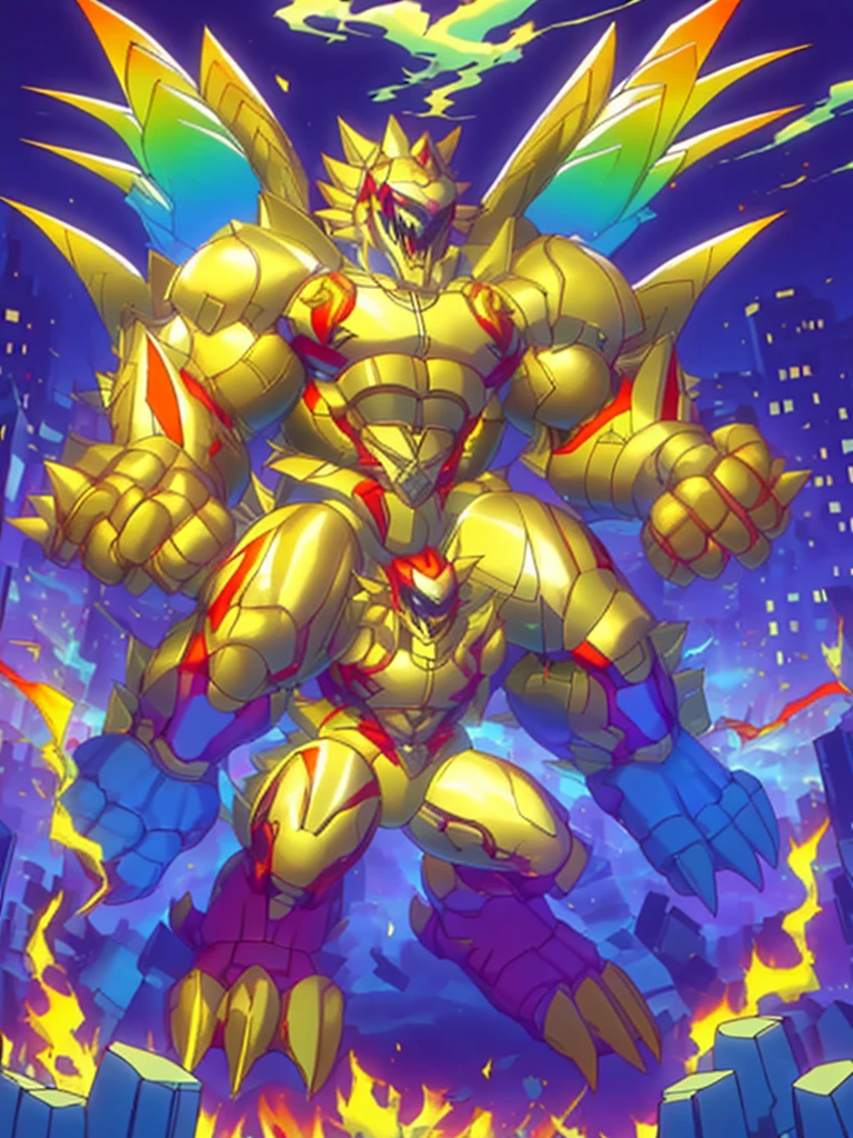 (masterpiece. official art. 8k. best quality. detailed full body. full body.)
(situation 1 : dominating The Phoenix Wolf. The Phoenix Wolf is over 1000 meters long. focus GIANT mechanical Muscular The Phoenix Wolf is trampling the car. Looking down.)
(situation 2 :smoke and flames rising from the destruction in the city)
(Additional details 1: Wearing golden Armor. Cape. Helmet. real texture material. whole body shines like metal. emphasizes the muscles. suit fully made of metal.Robotic suit).
(Additional details 1.5: The arms are golden. The lower half of the body is golden. The wolf-shaped helmet has sharp fangs. The whole body is golden. There is a ring above the head.).
(Additional details 2: Detailed head. Detailed Body. Detailed abs. gigantic muscles. HYPER MUSCLES. Gigachad Muscular. big muscle. pecs. triceps. traps. unusually developed muscular body. body full of huge muscles. showing off muscles. pectorales enormes. Exaggeratedly huge muscles. huge muscles. long legs.).
(Additional details 3:Spread wings. It has wings. The claws are sharp. Sharp teeth.). He is laughing defiantly. The claws are sharp. Sharp teeth.).
(Additional details 3.5 : nj5furry, He is laughing defiantly. medieval armor.).