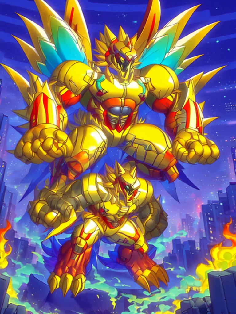 (masterpiece. official art. 8k. best quality. detailed full body. full body.)
(situation 1 : dominating The Phoenix Wolf. The Phoenix Wolf is over 1000 meters long. focus GIANT mechanical Muscular The Phoenix Wolf is trampling the car. Looking down.)
(situation 2 :smoke and flames rising from the destruction in the city)
(Additional details 1: Wearing golden Armor. Cape. Helmet. real texture material. whole body shines like metal. emphasizes the muscles. suit fully made of metal.Robotic suit).
(Additional details 1.5: The arms are golden. The lower half of the body is golden. The wolf-shaped helmet has sharp fangs. The whole body is golden. There is a ring above the head.).
(Additional details 2: Detailed head. Detailed Body. Detailed abs. gigantic muscles. HYPER MUSCLES. Gigachad Muscular. big muscle. pecs. triceps. traps. unusually developed muscular body. body full of huge muscles. showing off muscles. pectorales enormes. Exaggeratedly huge muscles. huge muscles. long legs.).
(Additional details 3:Spread wings. It has wings. The claws are sharp. Sharp teeth.). He is laughing defiantly. The claws are sharp. Sharp teeth.).
(Additional details 3.5 : nj5furry, He is laughing defiantly. medieval armor.).