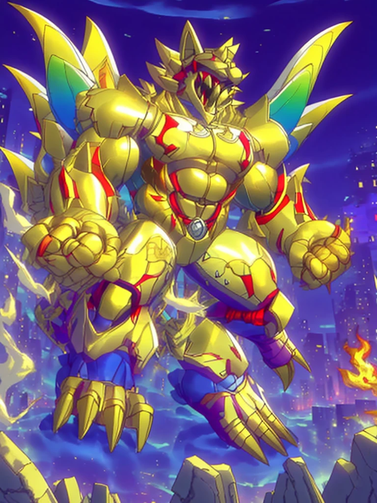 (masterpiece. official art. 8k. best quality. detailed full body. full body.)

(situation 1 : dominating The Phoenix Wolf. The Phoenix Wolf is over 1000 meters long. focus GIANT mechanical Muscular The Phoenix Wolf is trampling the car. Looking down.)

(situation 2 :smoke and flames rising from the destruction in the city)

(Additional details 1: Wearing golden Armor. Cape. Helmet. real texture material. whole body shines like metal. emphasizes the muscles. suit fully made of metal.Robotic suit).

(Additional details 1.5: The arms are golden. The lower half of the body is golden. The wolf-shaped helmet has sharp fangs. The whole body is golden. There is a ring above the head.).

(Additional details 2: Detailed head. Detailed Body. Detailed abs. gigantic muscles. HYPER MUSCLES. Gigachad Muscular. big muscle. pecs. triceps. traps. unusually developed muscular body. body full of huge muscles. showing off muscles. pectorales enormes. Exaggeratedly huge muscles. huge muscles. long legs.).

(Additional details 3:Spread wings. It has wings. The claws are sharp. Sharp teeth.). He is laughing defiantly. The claws are sharp. Sharp teeth.). 

(Additional details 3.5 : nj5furry,  He is laughing defiantly. medieval armor.). 