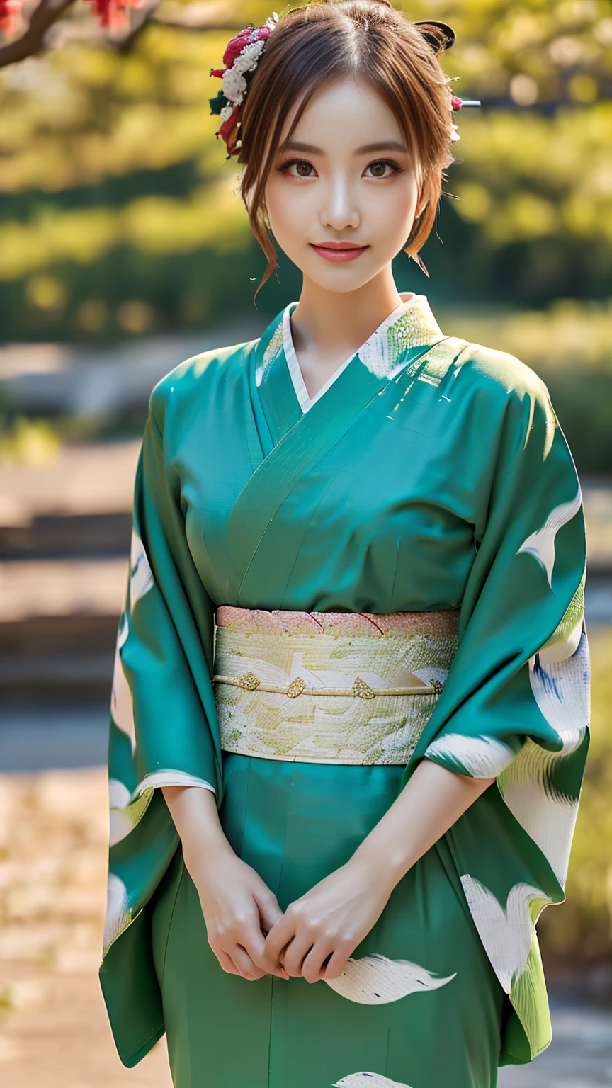(((Regular dressing:1.5))),(Surreal), (High resolution), (8K), (Very detailed), (Best illustrations), (Beautifully detailed and sparkling eyes), (Highest quality), (Very detailedな), (masterpiece), (wallpaper), (Detailed face), (Beautiful smile)、(Beautiful expression)、One female、Looking into the camera、((Glamorous Body))、(((Beautiful kimono、National treasure-class kimono,Thick kimono:1.5)))