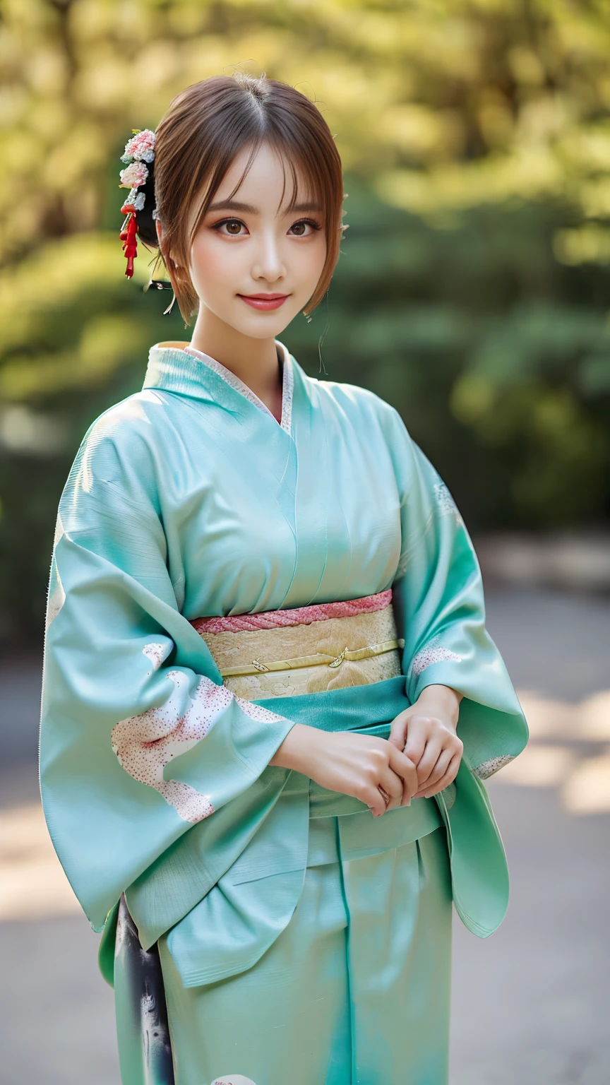 (((Regular dressing:1.5))),(Surreal), (High resolution), (8K), (Very detailed), (Best illustrations), (Beautifully detailed and sparkling eyes), (Highest quality), (Very detailedな), (masterpiece), (wallpaper), (Detailed face), (Beautiful smile)、(Beautiful expression)、One female、Looking into the camera、((Glamorous Body))、(((Beautiful kimono、National treasure-class kimono,Thick kimono:1.5)))
