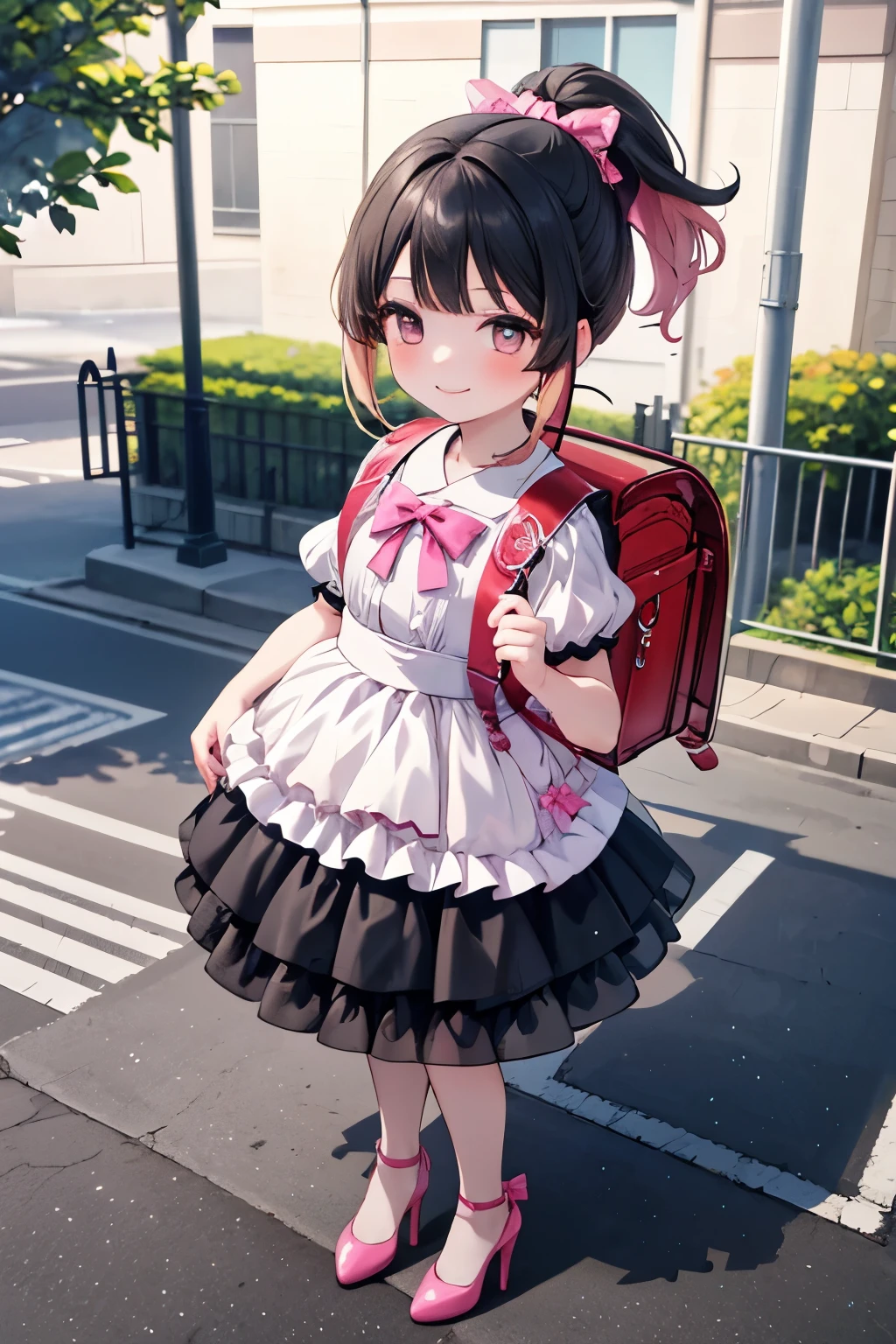 Masterpiece, hd, realistic, black hair, asian girl, ponytail, hair ribbon, 8 y.o, 120 cm height body, 1girl wearing a pink idol dress (idol dress) layered skirt, frills, ribbon, bow, sequins, smile, (Blonde hair), outdoor, ponytail, standing, fullbody, (fullbody:1.2), wearing high heels, outdoor, wearing randoseru backpack, (backpack:1.2)