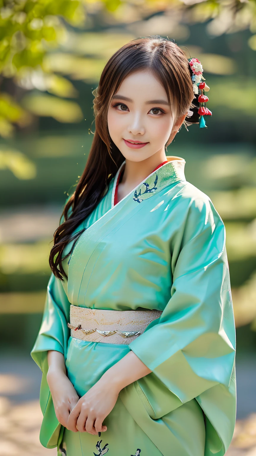 (((Regular dressing:1.5))),(Surreal), (High resolution), (8K), (Very detailed), (Best illustrations), (Beautifully detailed and sparkling eyes), (Highest quality), (Very detailedな), (masterpiece), (wallpaper), (Detailed face), (Beautiful smile)、(Beautiful expression)、One female、Looking into the camera、((Glamorous Body))、(((Beautiful kimono、National treasure-class kimono,Thick kimono:1.5)))