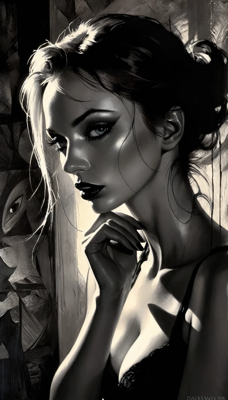 eroticism, sexy, black and white image, between shadows, oil painting, dramatic lighting, dramatic contrast, chiaroscuro, detailed face, sensual expression, elegant pose, female figure, mysterious, moody, cinematic, dark romantic, Bill Sienkiewicz inspired, dark atmosphere, powerful composition, dramatic shadows, high quality, photorealistic, masterpiece (best quality,4k,8k,highres,masterpiece:1.2),ultra-detailed,(realistic,photorealistic,photo-realistic:1.37),intricate details,vivid colors,sharp focus,professional,Dave McKean artwork, oil touch of surrealism,oil painting style,portrait,woman,beautiful detailed eyes,beautiful detailed lips,dreamlike atmosphere,shadow play,soft lighting,playful pose,minimalist room,dark hues,ethereal background,fantasy elements,texture,layered composition.